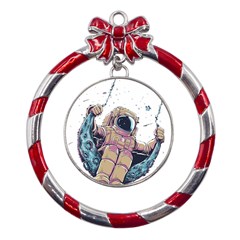 Drawing-astronaut Metal Red Ribbon Round Ornament by 99art