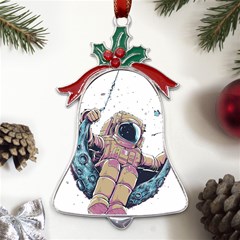 Drawing-astronaut Metal Holly Leaf Bell Ornament