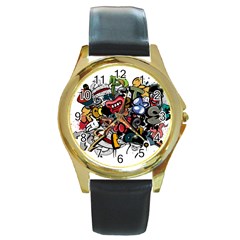 Mural Graffiti Paint Round Gold Metal Watch