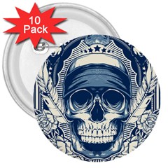 Skull Drawing 3  Buttons (10 Pack) 