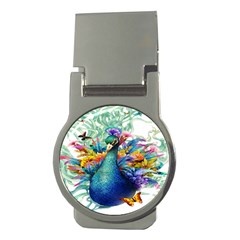 Bird-peafowl-painting-drawing-feather-birds Money Clips (round)  by 99art