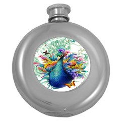 Bird-peafowl-painting-drawing-feather-birds Round Hip Flask (5 Oz) by 99art