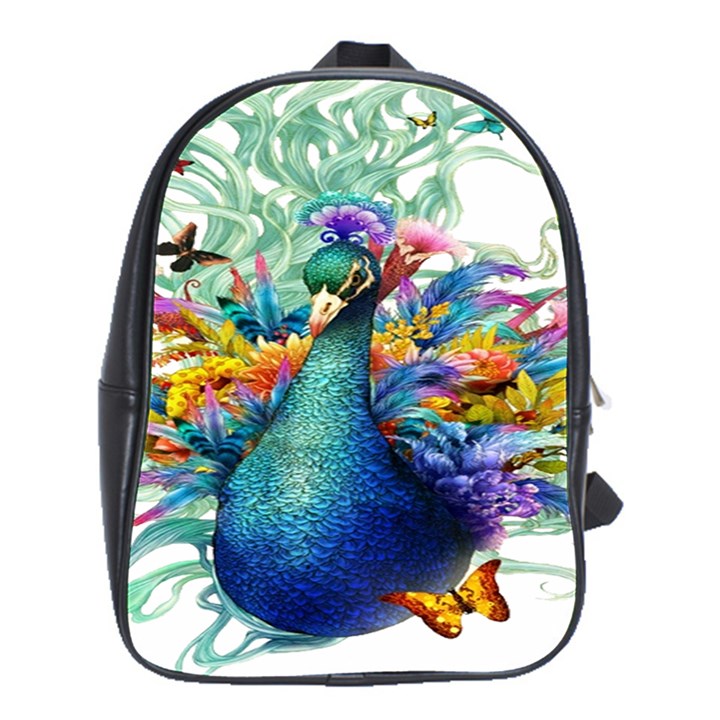 Bird-peafowl-painting-drawing-feather-birds School Bag (Large)