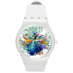 Bird-peafowl-painting-drawing-feather-birds Round Plastic Sport Watch (m) by 99art