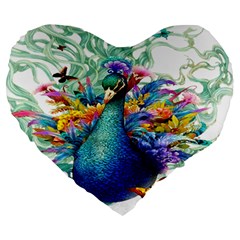 Bird-peafowl-painting-drawing-feather-birds Large 19  Premium Heart Shape Cushions by 99art