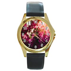 Pink Flower Round Gold Metal Watch by artworkshop