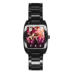 Pink Flower Stainless Steel Barrel Watch