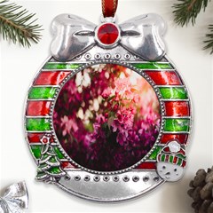 Pink Flower Metal X mas Ribbon With Red Crystal Round Ornament by artworkshop