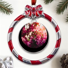 Pink Flower Metal Red Ribbon Round Ornament