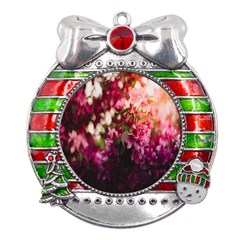 Pink Flower Metal X mas Ribbon With Red Crystal Round Ornament by artworkshop