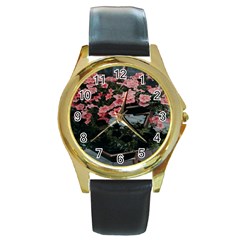 Pink Peony  Flower Round Gold Metal Watch