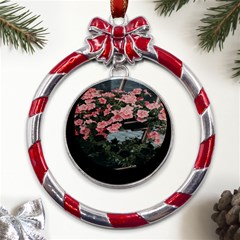 Pink Peony  Flower Metal Red Ribbon Round Ornament