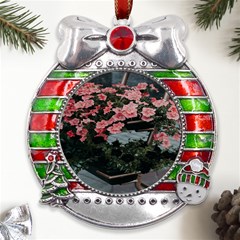 Pink Peony  Flower Metal X mas Ribbon With Red Crystal Round Ornament