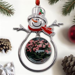 Pink Peony  Flower Metal Snowman Ornament