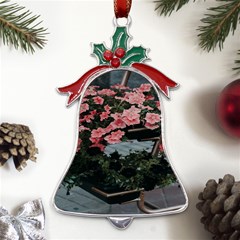 Pink Peony  Flower Metal Holly Leaf Bell Ornament