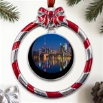 Seaside River Metal Red Ribbon Round Ornament Front