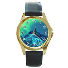 Aurora Borealis Sky Winter Snow Mountains Night Round Gold Metal Watch by B30l