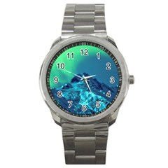 Aurora Borealis Sky Winter Snow Mountains Night Sport Metal Watch by B30l