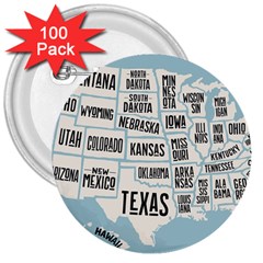 Black White Usa Map States 3  Buttons (100 Pack)  by B30l