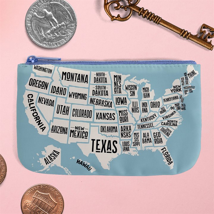 Black White Usa Map States Large Coin Purse