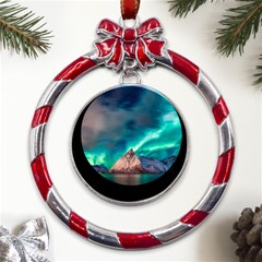 Amazing Aurora Borealis Colors Metal Red Ribbon Round Ornament by B30l