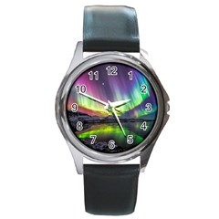 Aurora Borealis Polar Northern Lights Natural Phenomenon North Night Mountains Round Metal Watch by B30l