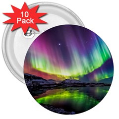 Aurora Borealis Polar Northern Lights Natural Phenomenon North Night Mountains 3  Buttons (10 Pack)  by B30l