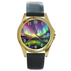 Aurora Borealis Polar Northern Lights Natural Phenomenon North Night Mountains Round Gold Metal Watch by B30l