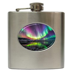 Aurora Borealis Polar Northern Lights Natural Phenomenon North Night Mountains Hip Flask (6 Oz) by B30l