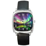 Aurora Borealis Polar Northern Lights Natural Phenomenon North Night Mountains Square Metal Watch Front