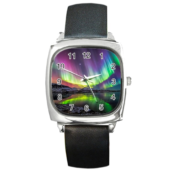 Aurora Borealis Polar Northern Lights Natural Phenomenon North Night Mountains Square Metal Watch