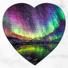 Aurora Borealis Polar Northern Lights Natural Phenomenon North Night Mountains Jigsaw Puzzle (heart) by B30l