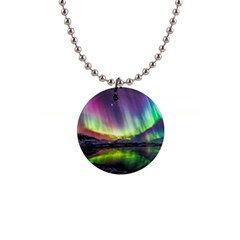 Aurora Borealis Polar Northern Lights Natural Phenomenon North Night Mountains 1  Button Necklace by B30l