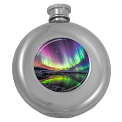 Aurora Borealis Polar Northern Lights Natural Phenomenon North Night Mountains Round Hip Flask (5 Oz) by B30l