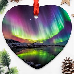 Aurora Borealis Polar Northern Lights Natural Phenomenon North Night Mountains Heart Ornament (two Sides) by B30l