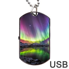 Aurora Borealis Polar Northern Lights Natural Phenomenon North Night Mountains Dog Tag Usb Flash (one Side) by B30l