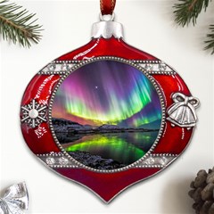 Aurora Borealis Polar Northern Lights Natural Phenomenon North Night Mountains Metal Snowflake And Bell Red Ornament