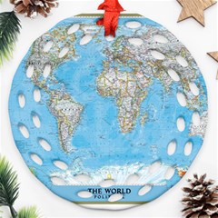 Blue White And Green World Map National Geographic Ornament (round Filigree)