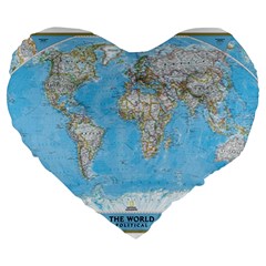 Blue White And Green World Map National Geographic Large 19  Premium Flano Heart Shape Cushions