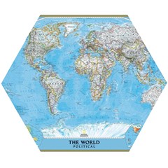 Blue White And Green World Map National Geographic Wooden Puzzle Hexagon by B30l