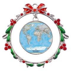 Blue White And Green World Map National Geographic Metal X mas Wreath Ribbon Ornament