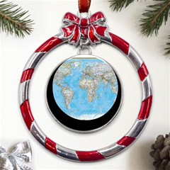 Blue White And Green World Map National Geographic Metal Red Ribbon Round Ornament by B30l