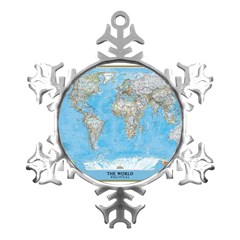 Blue White And Green World Map National Geographic Metal Small Snowflake Ornament by B30l