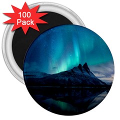 Aurora Borealis Mountain Reflection 3  Magnets (100 Pack) by B30l