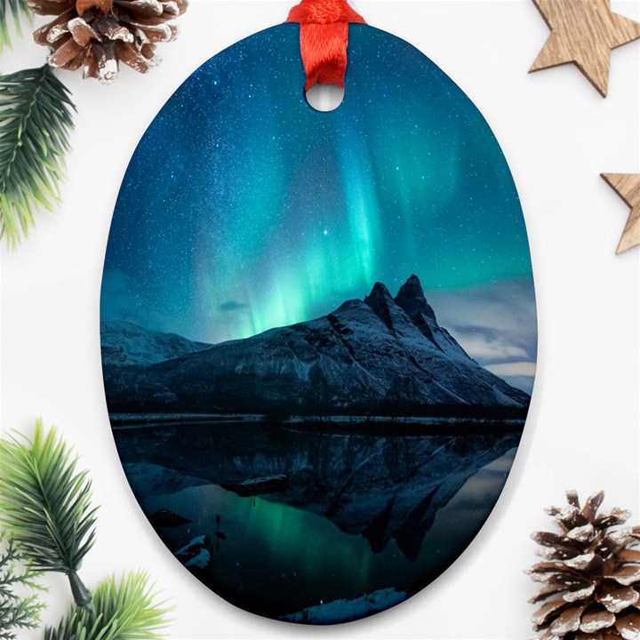 Aurora Borealis Mountain Reflection Oval Ornament (Two Sides)