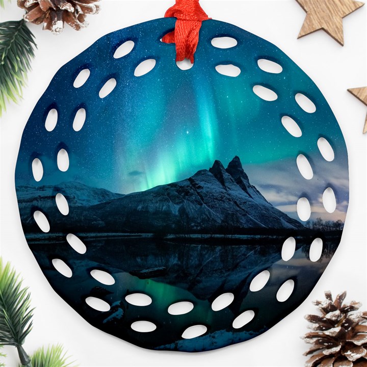 Aurora Borealis Mountain Reflection Round Filigree Ornament (Two Sides)