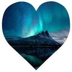 Aurora Borealis Mountain Reflection Wooden Puzzle Heart by B30l