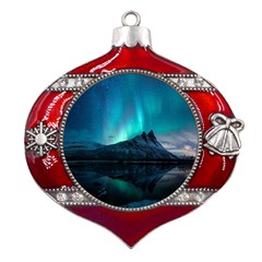 Aurora Borealis Mountain Reflection Metal Snowflake And Bell Red Ornament by B30l