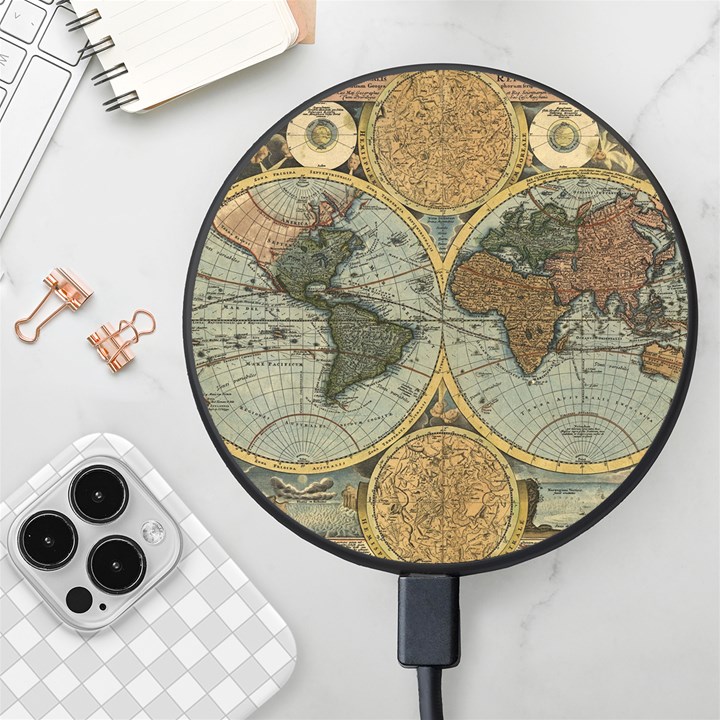 Vintage World Map Travel Geography Wireless Fast Charger(Black)