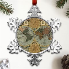 Vintage World Map Travel Geography Metal Small Snowflake Ornament